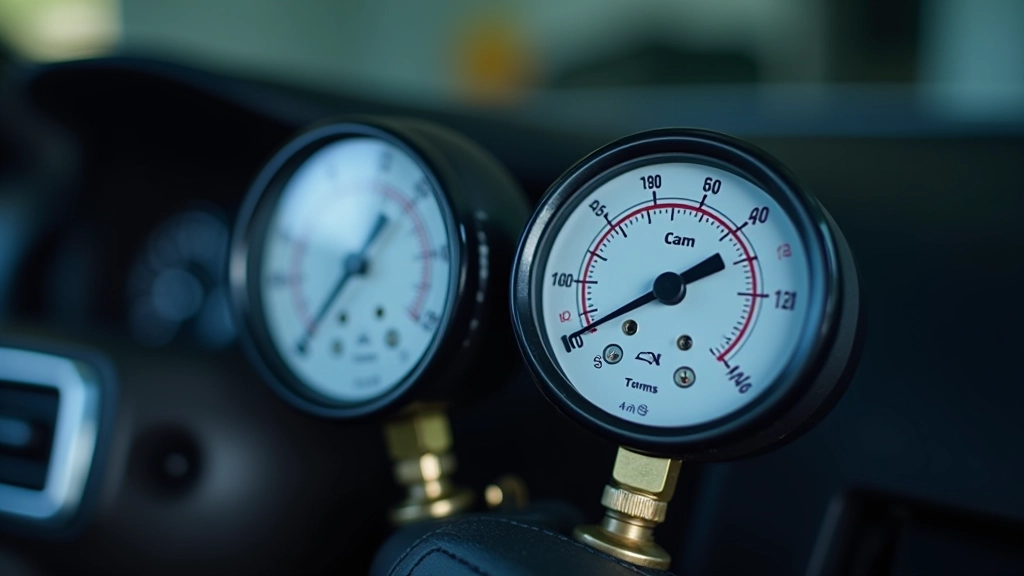 Pressure gauge display showing low and high side readings during AC system diagnostic check