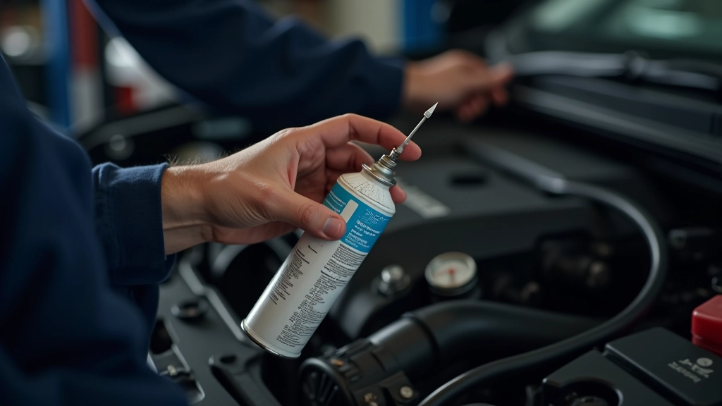 Refrigerant canister being carefully injected into AC system through low-side port with pressure monitoring