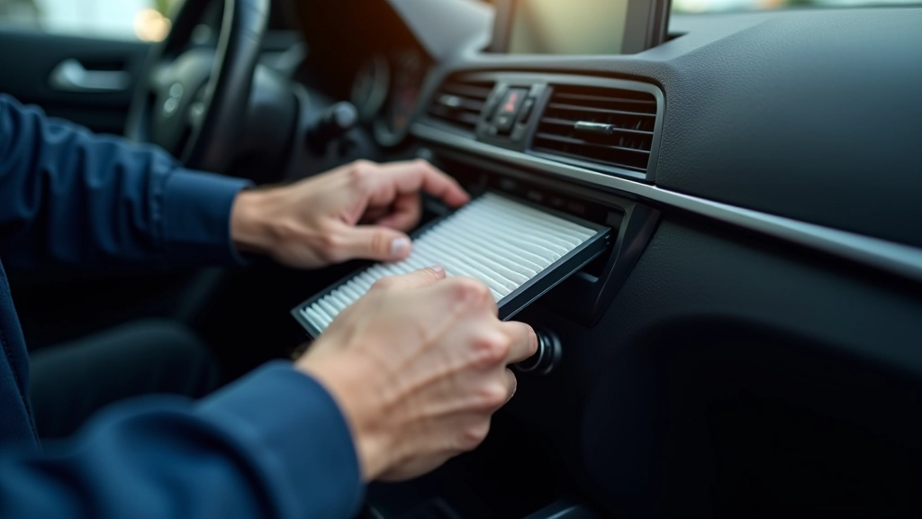 Mechanic's hands carefully installing a fresh cabin air filter into the vehicle's filter housing
