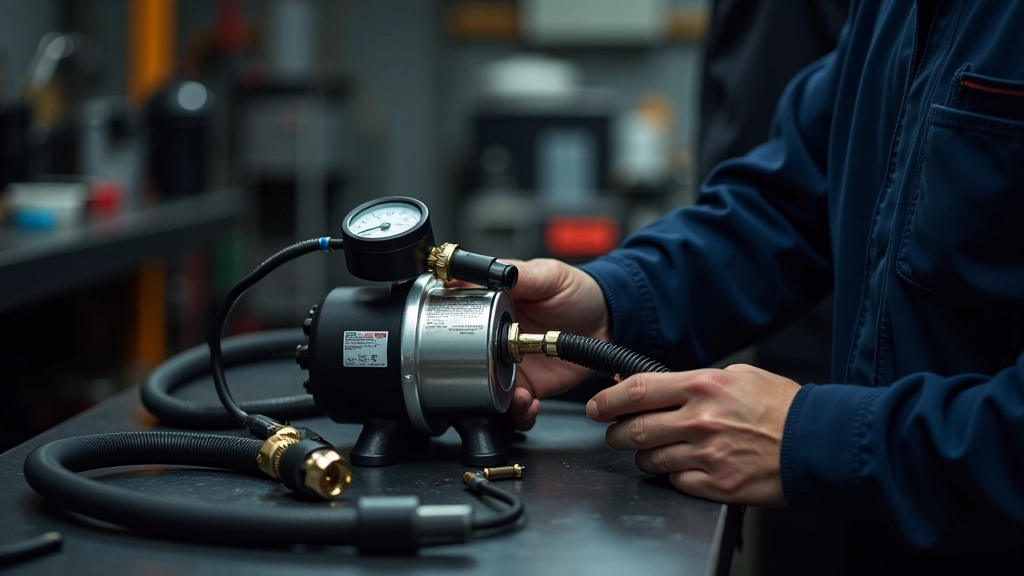 Vacuum pump attached to AC system hoses, removing air and moisture during system preparation