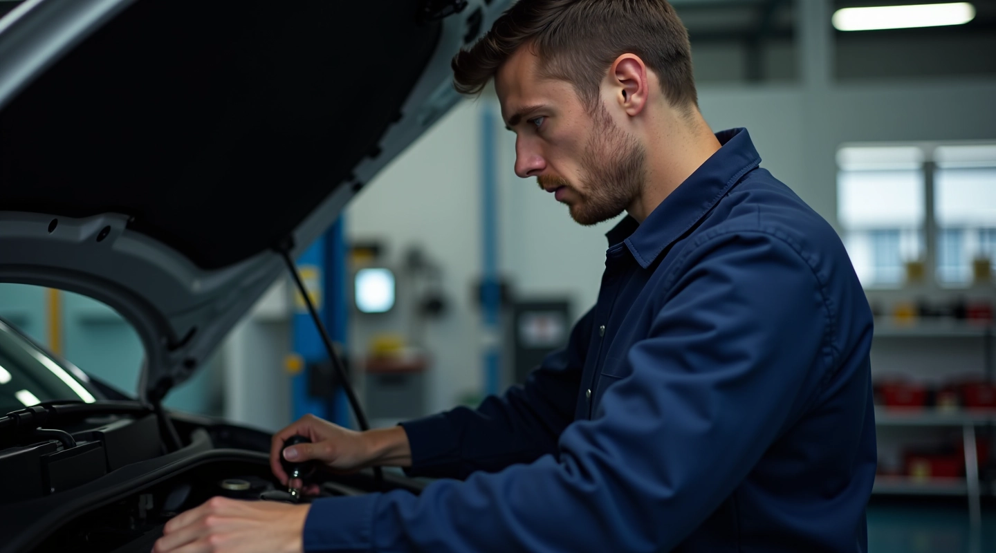 Professional mechanic servicing vehicle air conditioning system in workshop