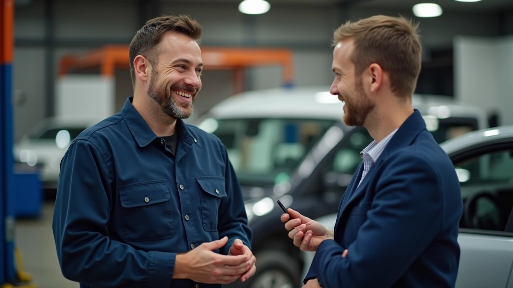 Technician explaining AC service findings to satisfied customer